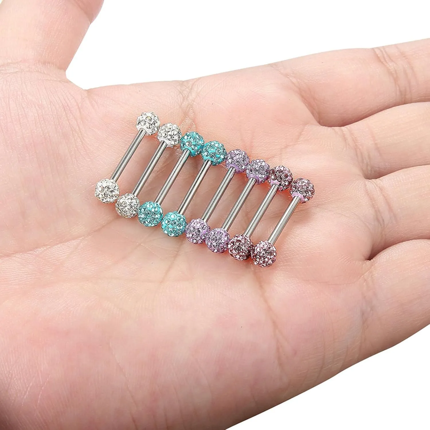 14G Stainless Steel Nipple Rings Glitter CZ Balls Straight Barbell Bars Tongue Ring 16mm(5/8 Inch) Body Piercing Jewelry