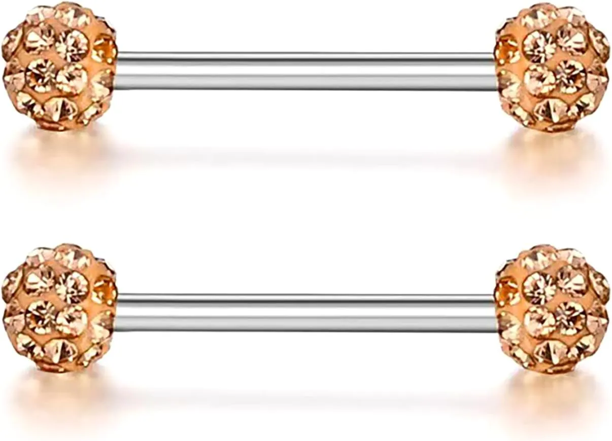 14G Stainless Steel Nipple Rings Glitter CZ Balls Straight Barbell Bars Tongue Ring 16mm(5/8 Inch) Body Piercing Jewelry