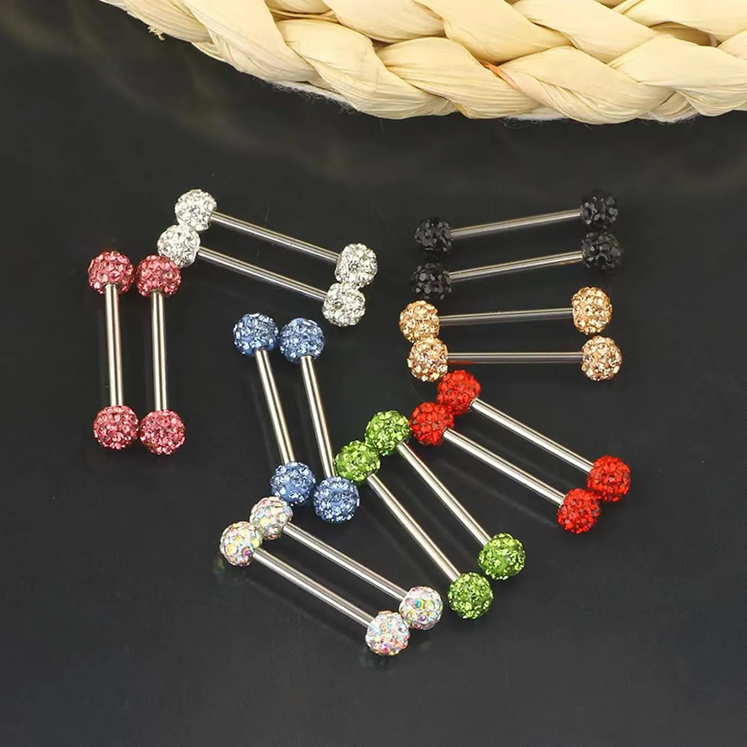 14G Stainless Steel Nipple Rings Glitter CZ Balls Straight Barbell Bars Tongue Ring 16mm(5/8 Inch) Body Piercing Jewelry