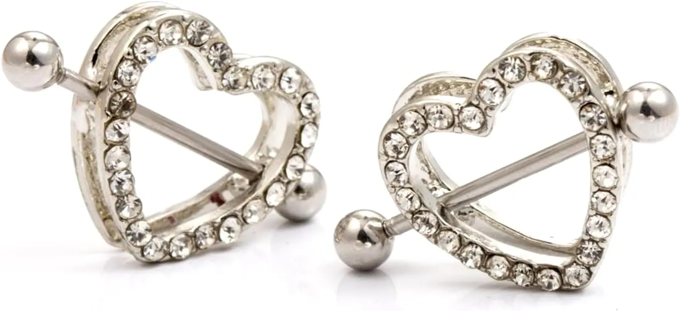 14G Stainless Steel Nipple Rings Glitter CZ Double Hearts Straight Barbell Bars Tongue Ring 14mm(9/16Inch) Body Piercing Jewelry