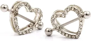 14G Stainless Steel Nipple Rings Glitter CZ Double Hearts Straight Barbell Bars Tongue Ring 14mm(9/16Inch) Body Piercing Jewelry