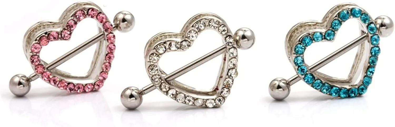 14G Stainless Steel Nipple Rings Glitter CZ Double Hearts Straight Barbell Bars Tongue Ring 14mm(9/16Inch) Body Piercing Jewelry