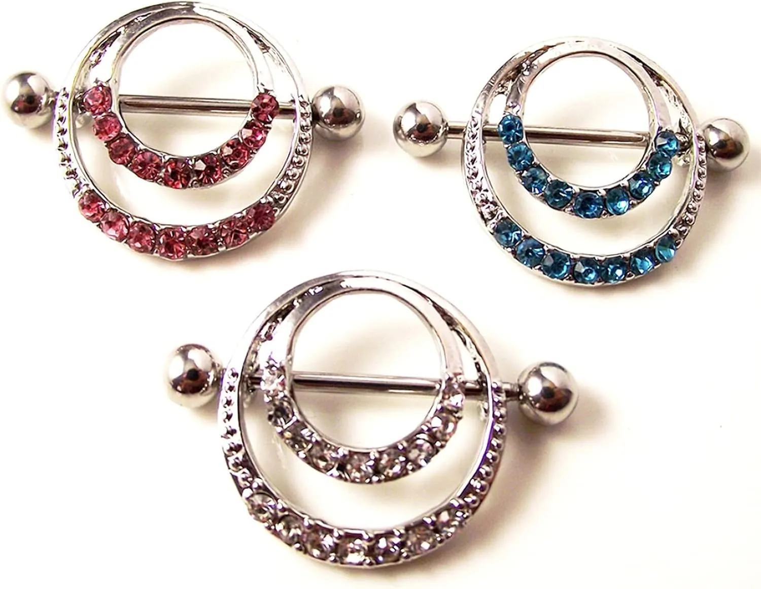 14G Stainless Steel Nipple Rings Glitter CZ Double Round Straight Barbell Bars Tongue Ring 16mm(5/8Inch) Body Piercing Jewelry