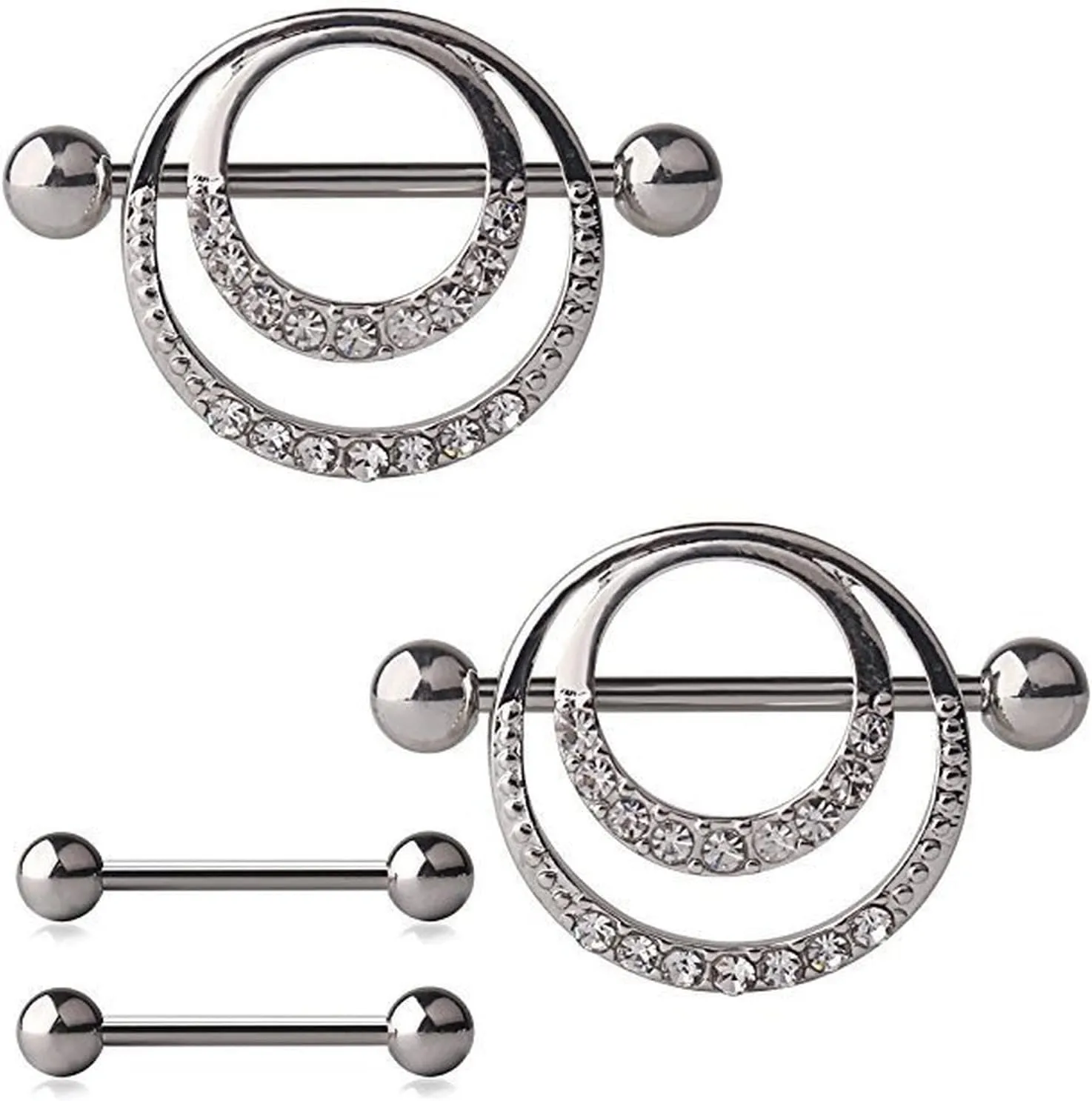 14G Stainless Steel Nipple Rings Glitter CZ Double Round Straight Barbell Bars Tongue Ring 16mm(5/8Inch) Body Piercing Jewelry