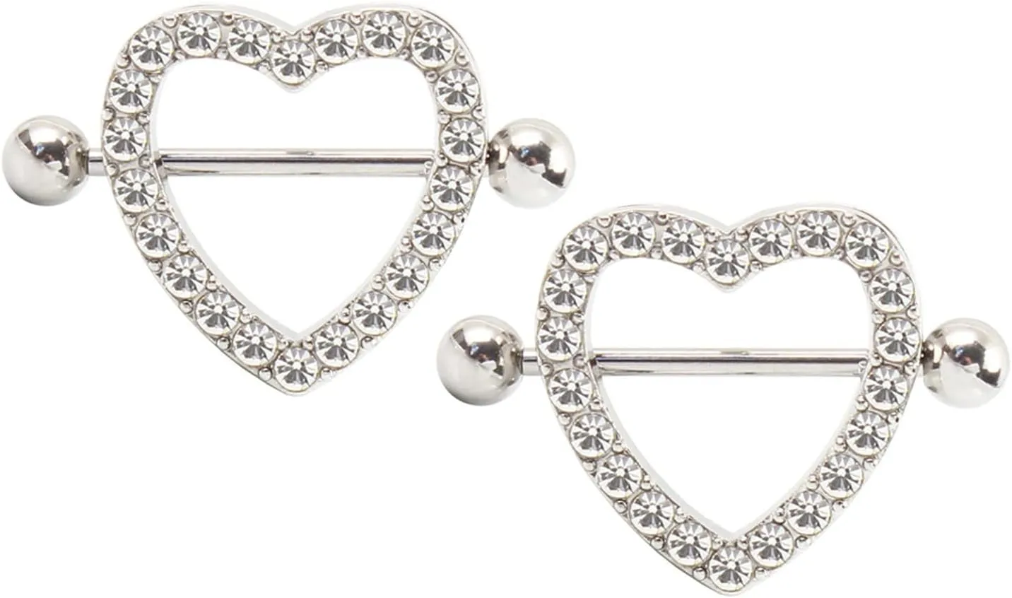 14G Stainless Steel Nipple Rings Glitter CZ Heart Straight Barbell Bars Tongue Ring 14mm(9/16Inch) Body Piercing Jewelry