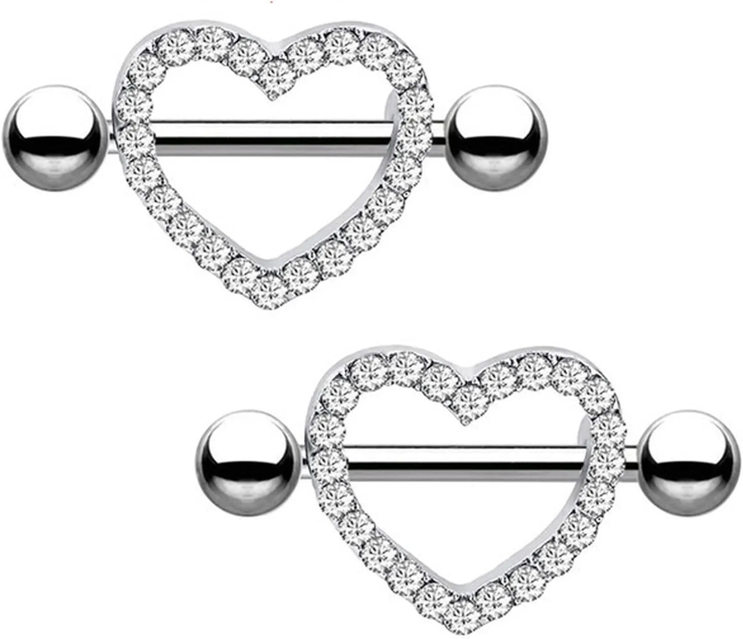 14G Stainless Steel Nipple Rings Glitter CZ Hearts Straight Barbell Bars Tongue Ring 16mm(5/8Inch) Body Piercing Jewelry