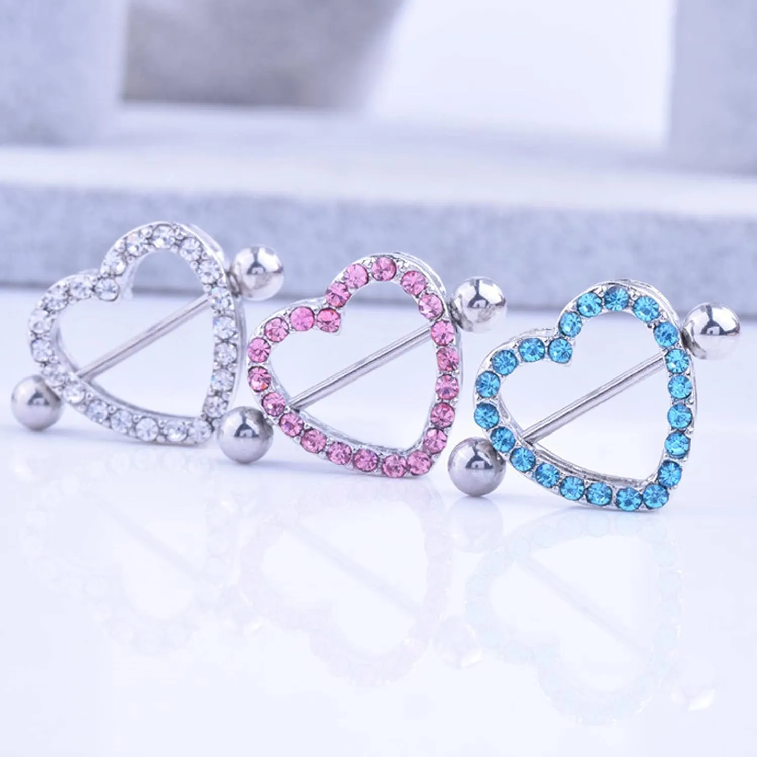 14G Stainless Steel Nipple Rings Glitter CZ Hearts Straight Barbell Bars Tongue Ring 16mm(5/8Inch) Body Piercing Jewelry