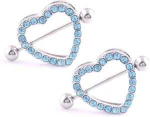 14G Stainless Steel Nipple Rings Glitter CZ Hearts Straight Barbell Bars Tongue Ring 16mm(5/8Inch) Body Piercing Jewelry