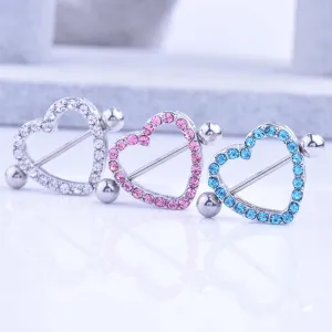 14G Stainless Steel Nipple Rings Glitter CZ Hearts Straight Barbell Bars Tongue Ring 16mm(5/8Inch) Body Piercing Jewelry