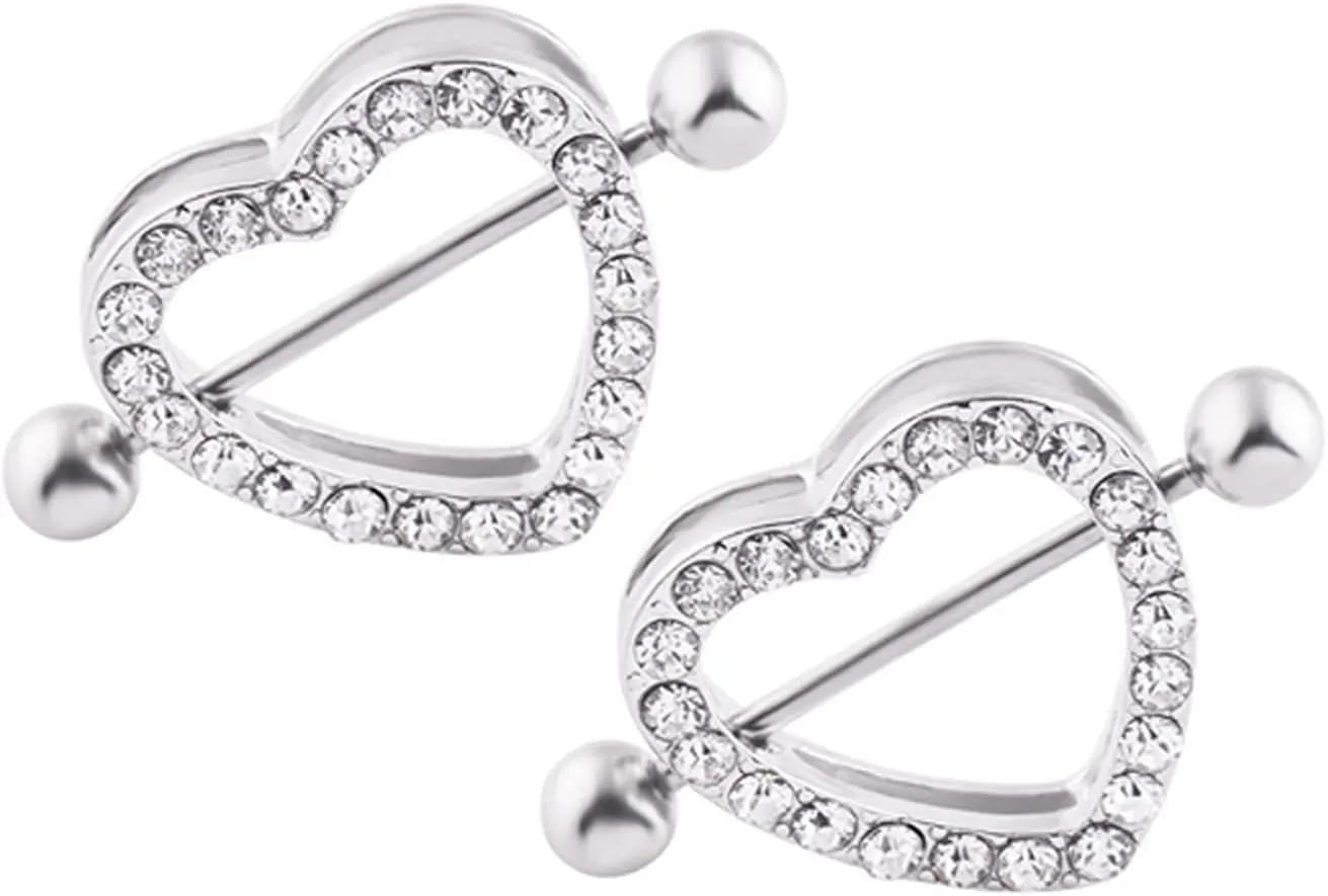 14G Stainless Steel Nipple Rings Glitter CZ Hearts Straight Barbell Bars Tongue Ring 16mm(5/8Inch) Body Piercing Jewelry