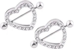 14G Stainless Steel Nipple Rings Glitter CZ Hearts Straight Barbell Bars Tongue Ring 16mm(5/8Inch) Body Piercing Jewelry