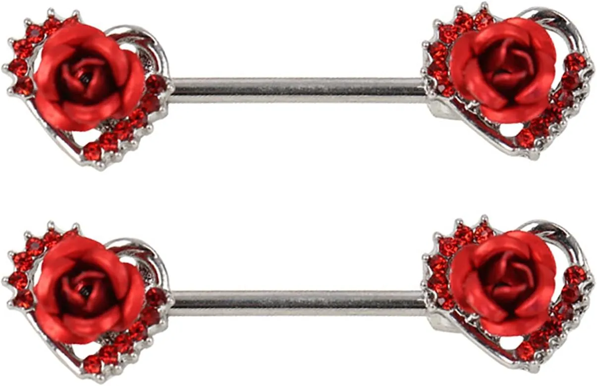 14G Stainless Steel Nipple Rings Glitter CZ Rose Heart Straight Barbell Bars Tongue Ring 16mm(5/8 Inch) Body Piercing Jewelry