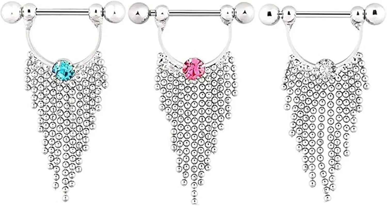 14G Stainless Steel Nipple Rings Glitter CZ Sexy Tassels Straight Barbell Bars Tongue Ring 16mm(5/8Inch) Body Piercing Jewelry