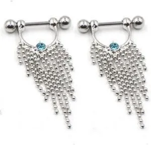 14G Stainless Steel Nipple Rings Glitter CZ Sexy Tassels Straight Barbell Bars Tongue Ring 16mm(5/8Inch) Body Piercing Jewelry