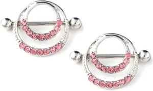 14G Stainless Steel Nipple Rings Glitter CZ Silver Double Round Straight Barbell Bars Tongue Ring 16mm(5/8Inch) Body Piercing Jewelry