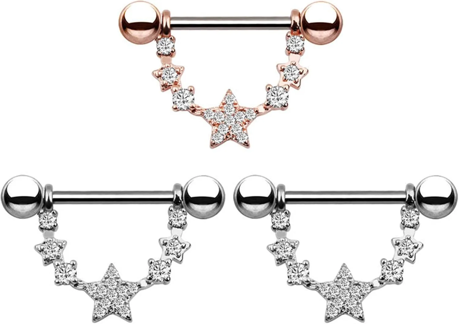14G Stainless Steel Nipple Rings Glitter CZ Star Straight Barbell Bars Tongue Ring 16mm(5/8Inch) Body Piercing Jewelry