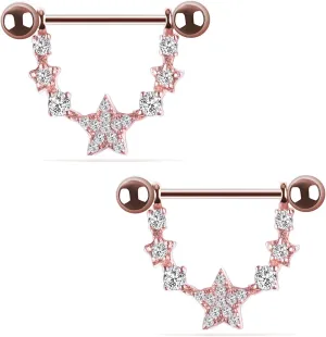 14G Stainless Steel Nipple Rings Glitter CZ Stars Straight Barbell Bars Tongue Ring 16mm(5/8Inch) Body Piercing Jewelry
