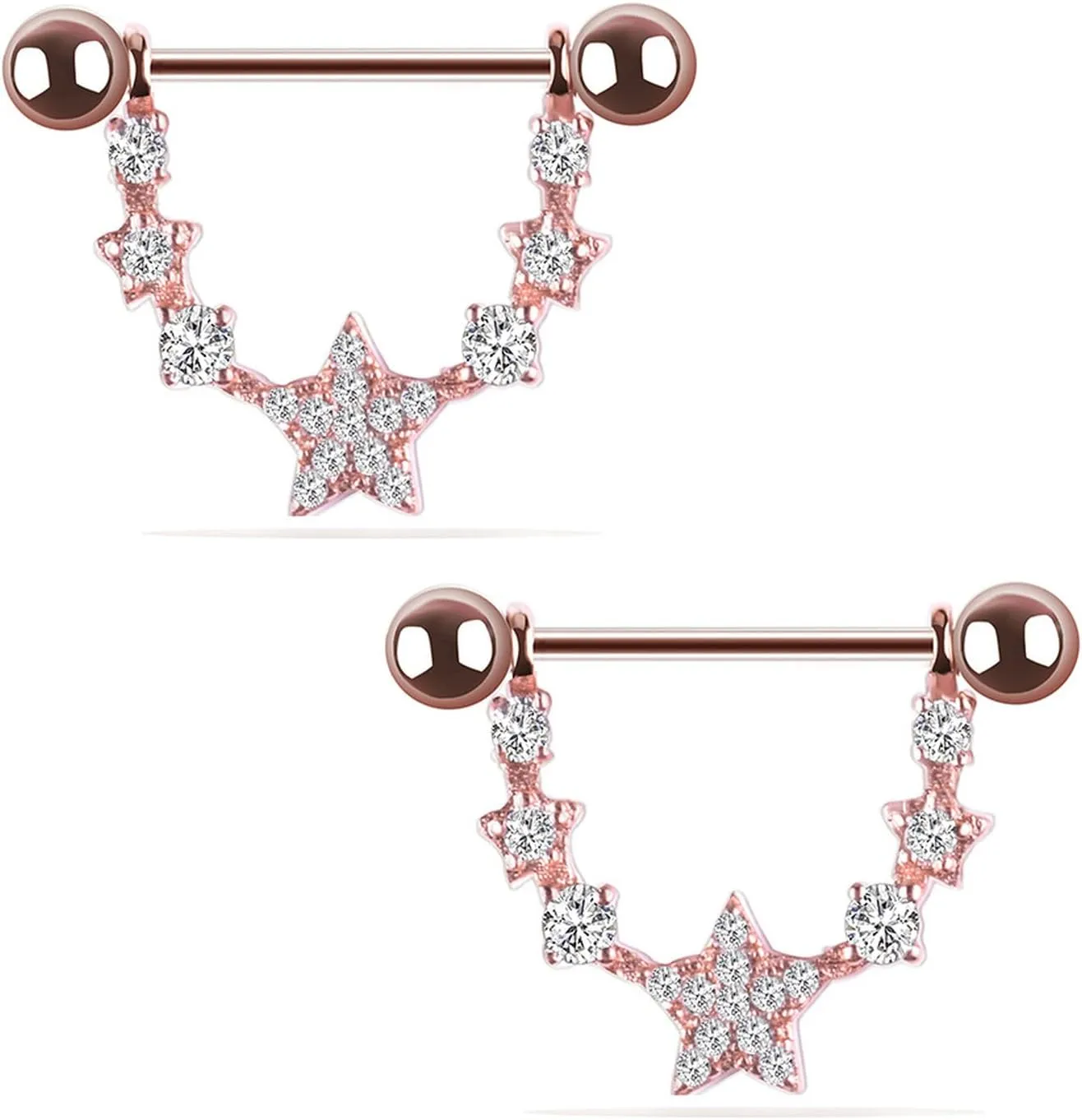 14G Stainless Steel Nipple Rings Glitter CZ Stars Straight Barbell Bars Tongue Ring 16mm(5/8Inch) Body Piercing Jewelry