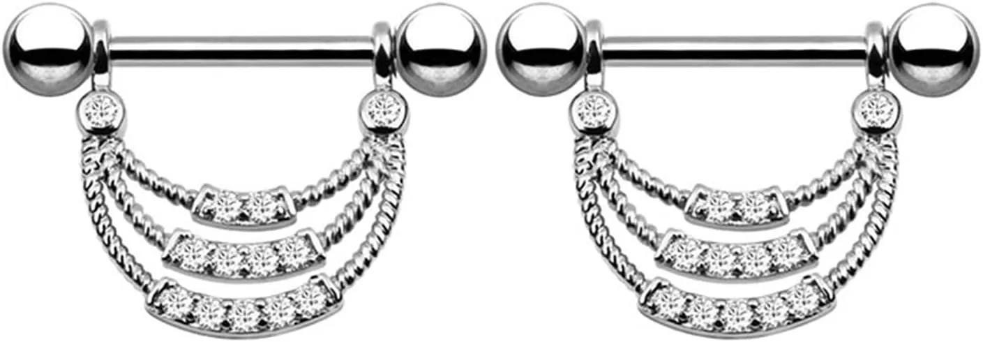 14G Stainless Steel Nipple Rings Glitter CZ U-Shape Chain Straight Barbell Bars Tongue Ring 16mm(5/8Inch) Body Piercing Jewelry