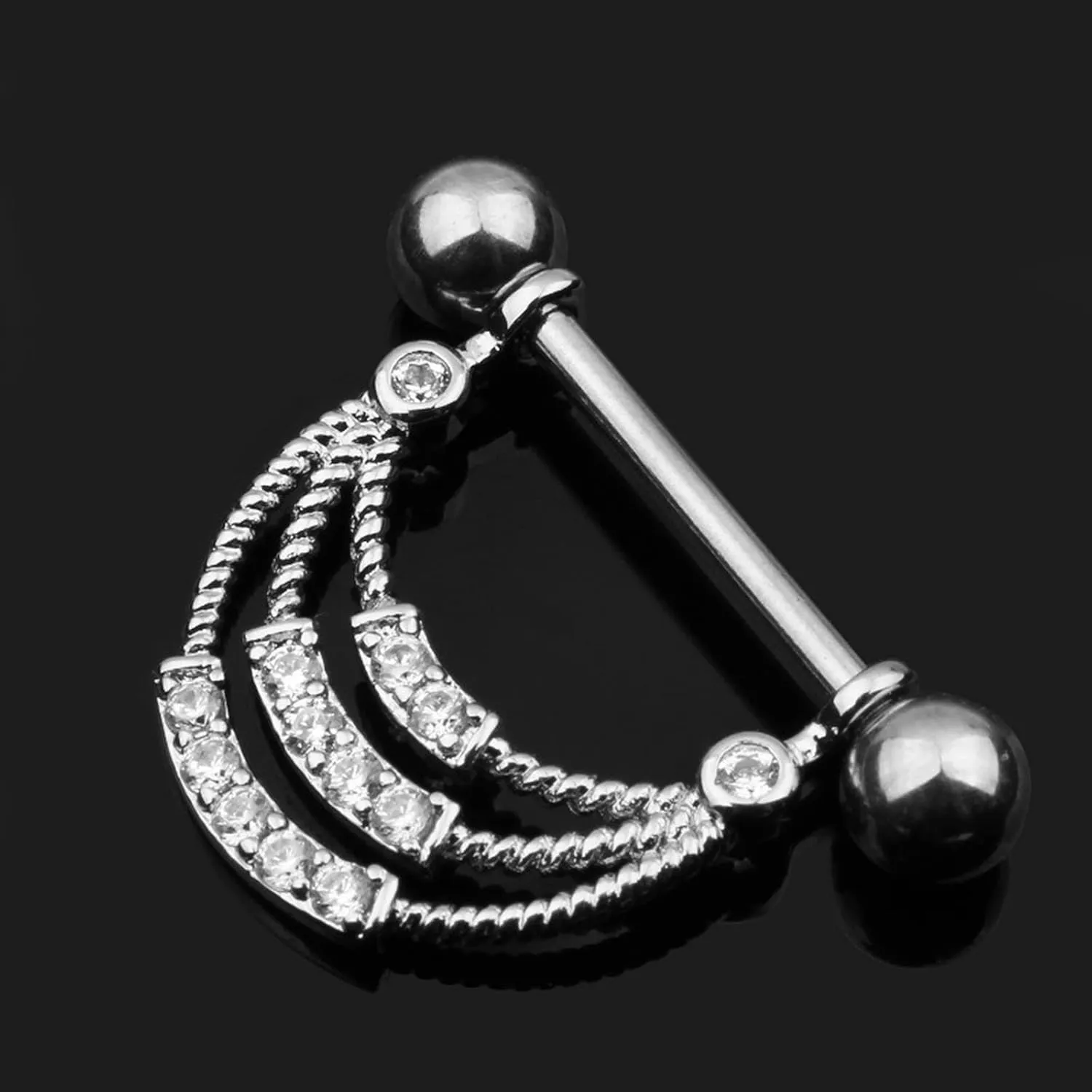 14G Stainless Steel Nipple Rings Glitter CZ U-Shape Chain Straight Barbell Bars Tongue Ring 16mm(5/8Inch) Body Piercing Jewelry