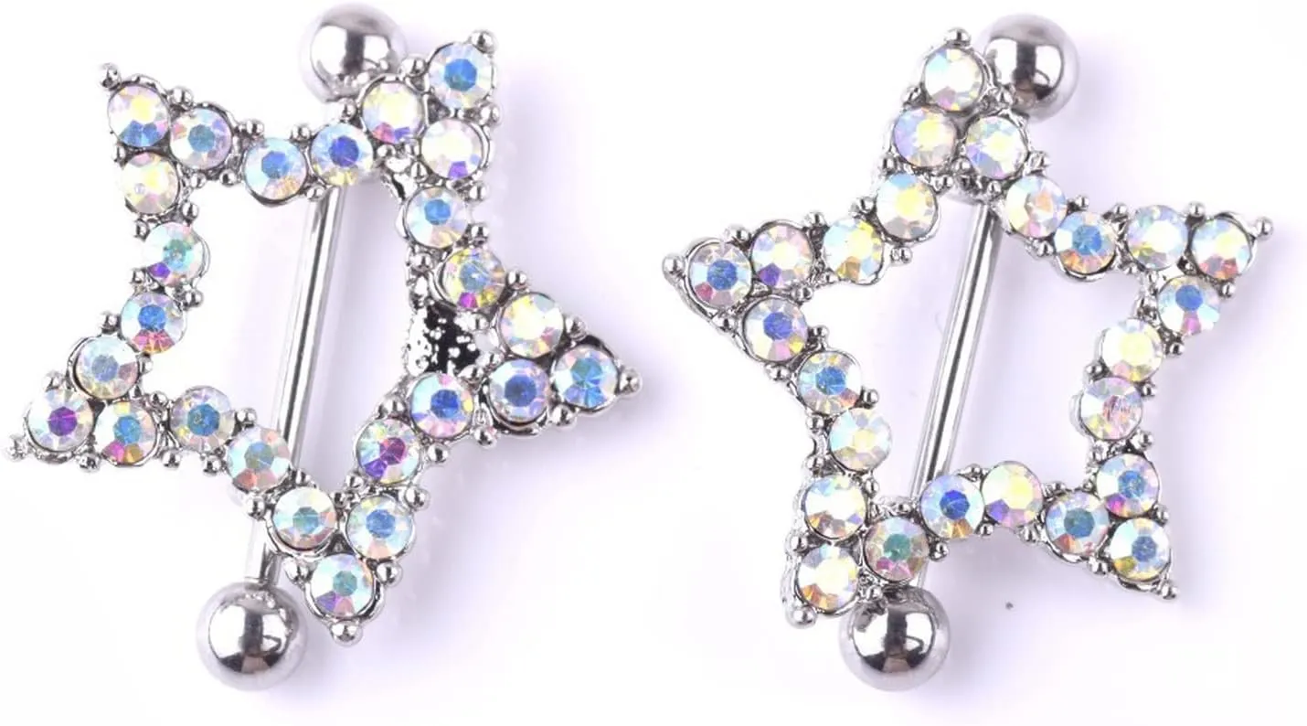 14G Stainless Steel Nipple Rings Glitter Star Straight Barbell Bars Tongue Ring 16mm(5/8Inch) Body Piercing Jewelry