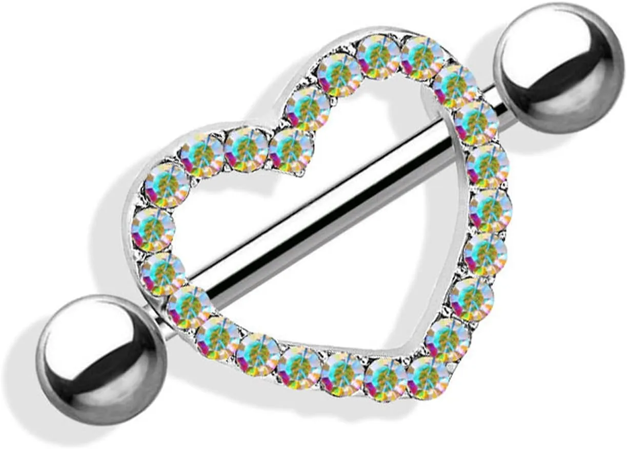 14G Stainless Steel Nipple Rings Glitter White CZ Heart Straight Barbell Bars Tongue Ring 16mm(5/8Inch) Body Piercing Jewelry