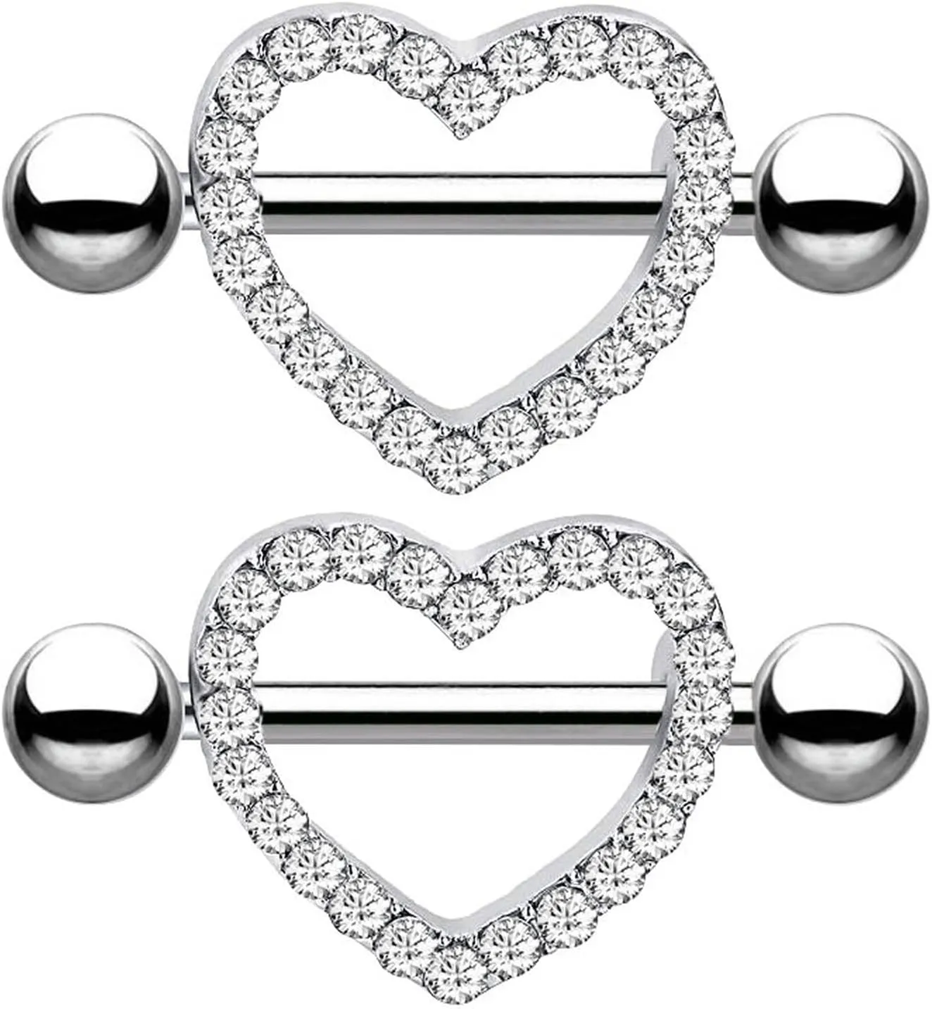 14G Stainless Steel Nipple Rings Glitter White CZ Heart Straight Barbell Bars Tongue Ring 16mm(5/8Inch) Body Piercing Jewelry