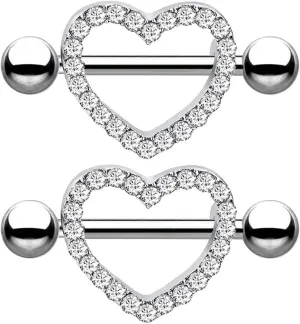 14G Stainless Steel Nipple Rings Glitter White CZ Heart Straight Barbell Bars Tongue Ring 16mm(5/8Inch) Body Piercing Jewelry