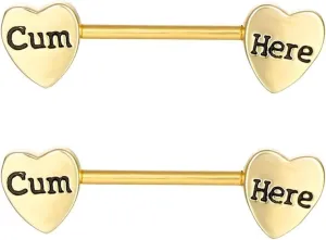 14G Stainless Steel Nipple Rings Gold Heart Cum Here Letter Straight Barbell Bars Tongue Ring 16mm(5/8 Inch) Body Piercing Jewelry