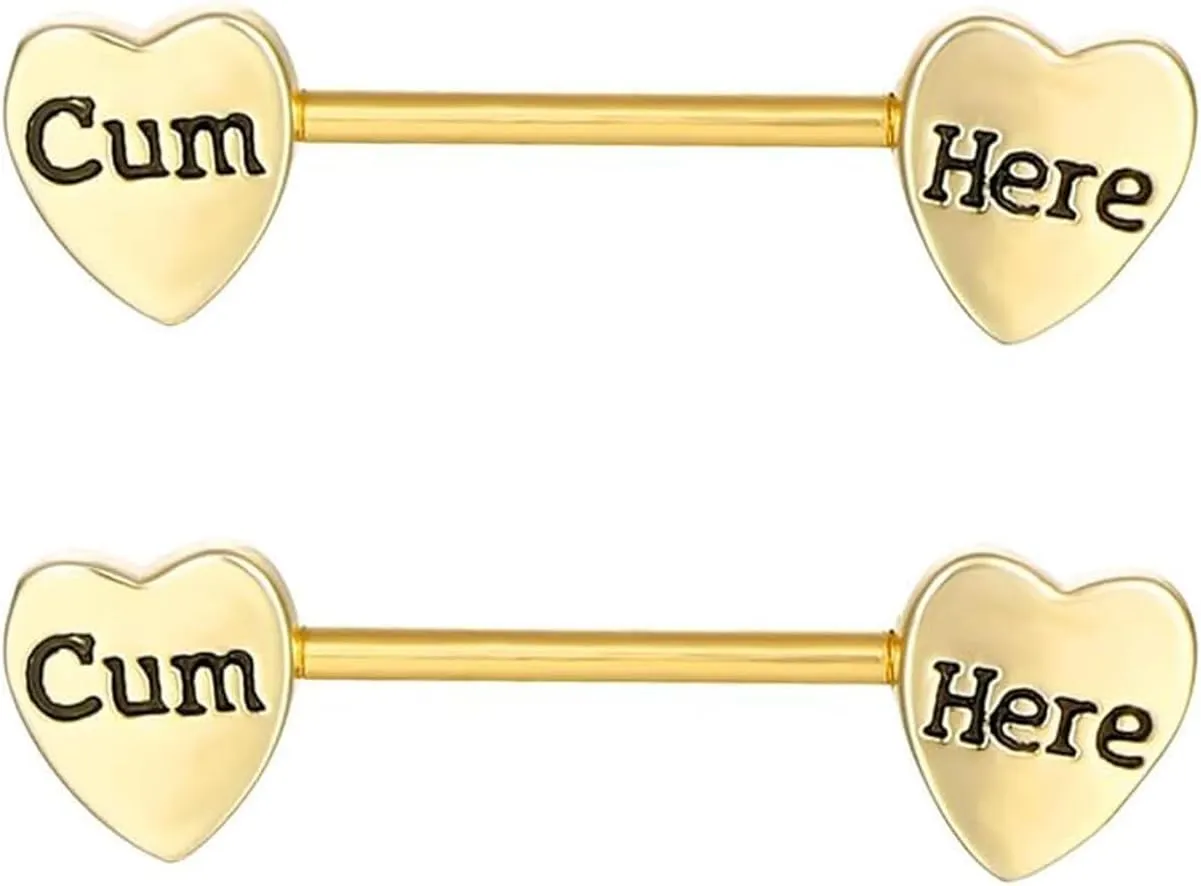 14G Stainless Steel Nipple Rings Gold Heart Cum Here Letter Straight Barbell Bars Tongue Ring 16mm(5/8 Inch) Body Piercing Jewelry
