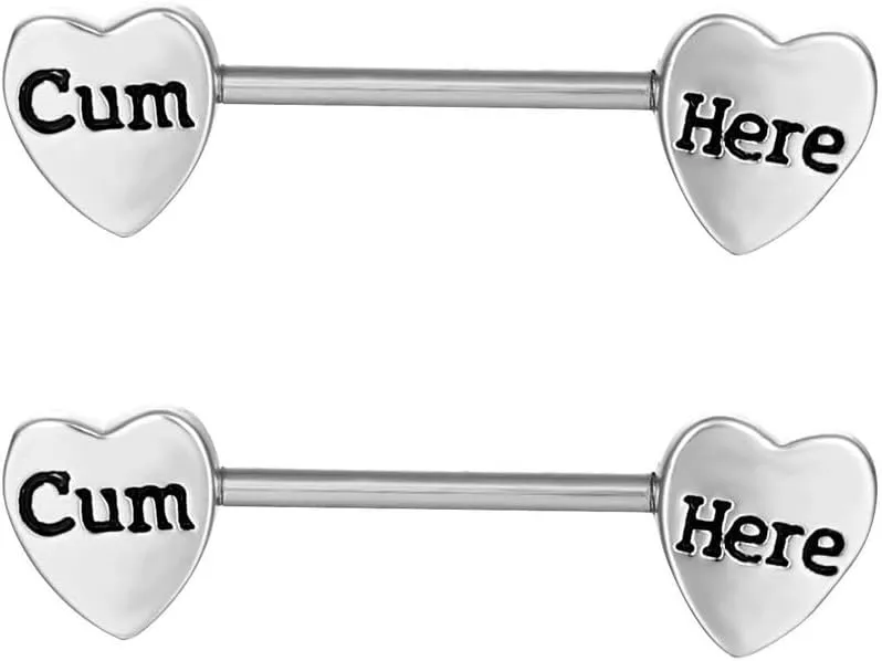 14G Stainless Steel Nipple Rings Heart Shaped Cum Here Letter Straight Barbell Bars Tongue Ring 16mm(5/8 Inch) Body Piercing Jewelry