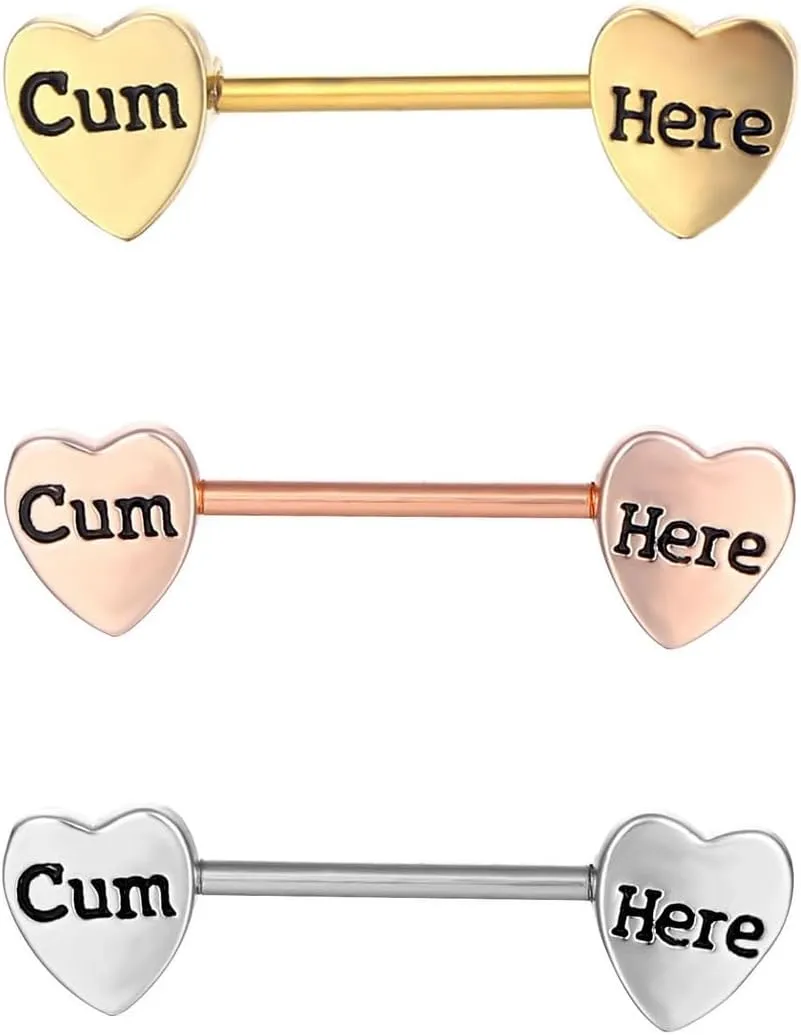 14G Stainless Steel Nipple Rings Heart Shaped Cum Here Letter Straight Barbell Bars Tongue Ring 16mm(5/8 Inch) Body Piercing Jewelry