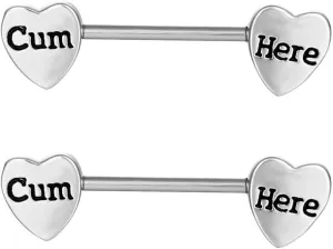 14G Stainless Steel Nipple Rings Heart Shaped Cum Here Letter Straight Barbell Bars Tongue Ring 16mm(5/8 Inch) Body Piercing Jewelry