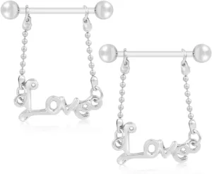 14G Stainless Steel Nipple Rings Letter Love Straight Barbell Bars Tongue Ring 16mm(5/8Inch) Body Piercing Jewelry