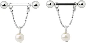 14G Stainless Steel Nipple Rings Pearl Chain Straight Barbell Bars Tongue Ring 16mm(5/8Inch) Body Piercing Jewelry