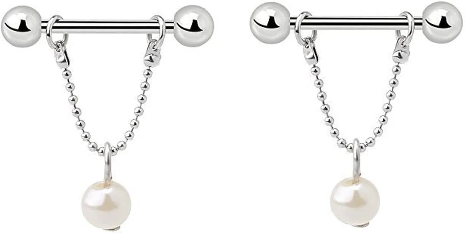 14G Stainless Steel Nipple Rings Pearl Chain Straight Barbell Bars Tongue Ring 16mm(5/8Inch) Body Piercing Jewelry