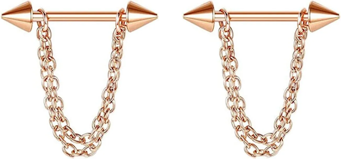 14G Stainless Steel Nipple Rings Rose Gold Ball Chain Straight Barbell Bars Tongue Ring 16mm(5/8Inch) Body Piercing Jewelry