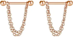 14G Stainless Steel Nipple Rings Rose Gold Ball Chain Straight Barbell Bars Tongue Ring 16mm(5/8Inch) Body Piercing Jewelry