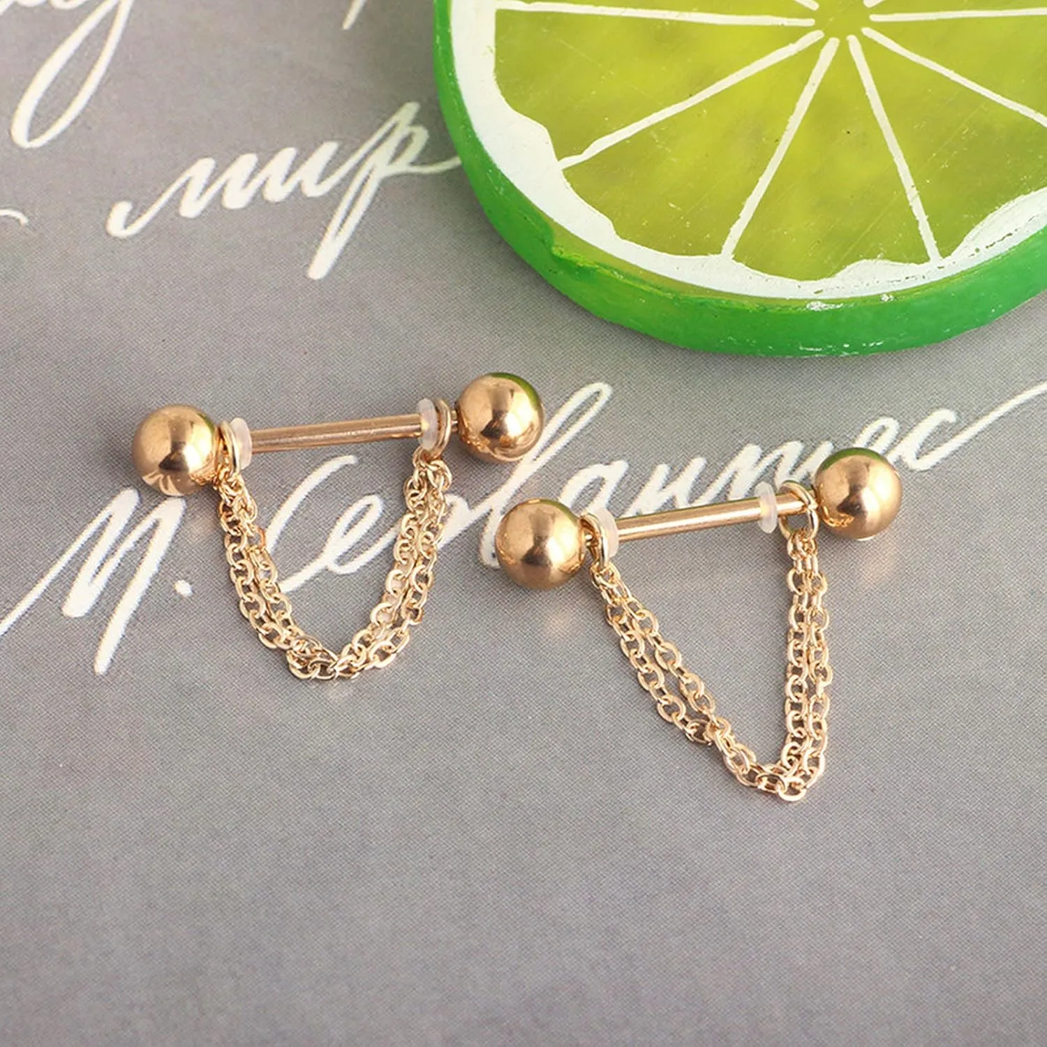 14G Stainless Steel Nipple Rings Rose Gold Ball Chain Straight Barbell Bars Tongue Ring 16mm(5/8Inch) Body Piercing Jewelry