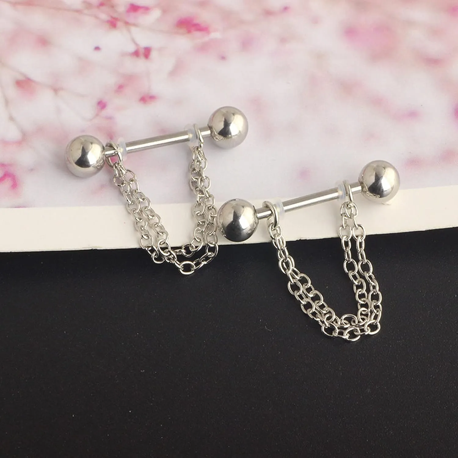 14G Stainless Steel Nipple Rings Silver Chain Straight Barbell Bars Tongue Ring 16mm(5/8Inch) Body Piercing Jewelry