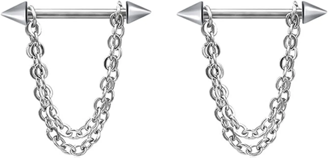 14G Stainless Steel Nipple Rings Silver Chain Straight Barbell Bars Tongue Ring 16mm(5/8Inch) Body Piercing Jewelry