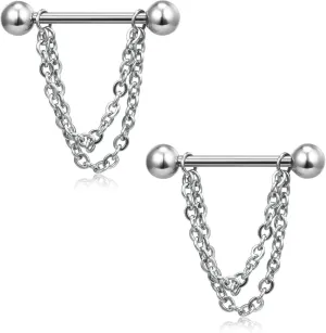 14G Stainless Steel Nipple Rings Silver Chains Cone Straight Barbell Bars Tongue Ring 16mm(5/8Inch) Body Piercing Jewelry