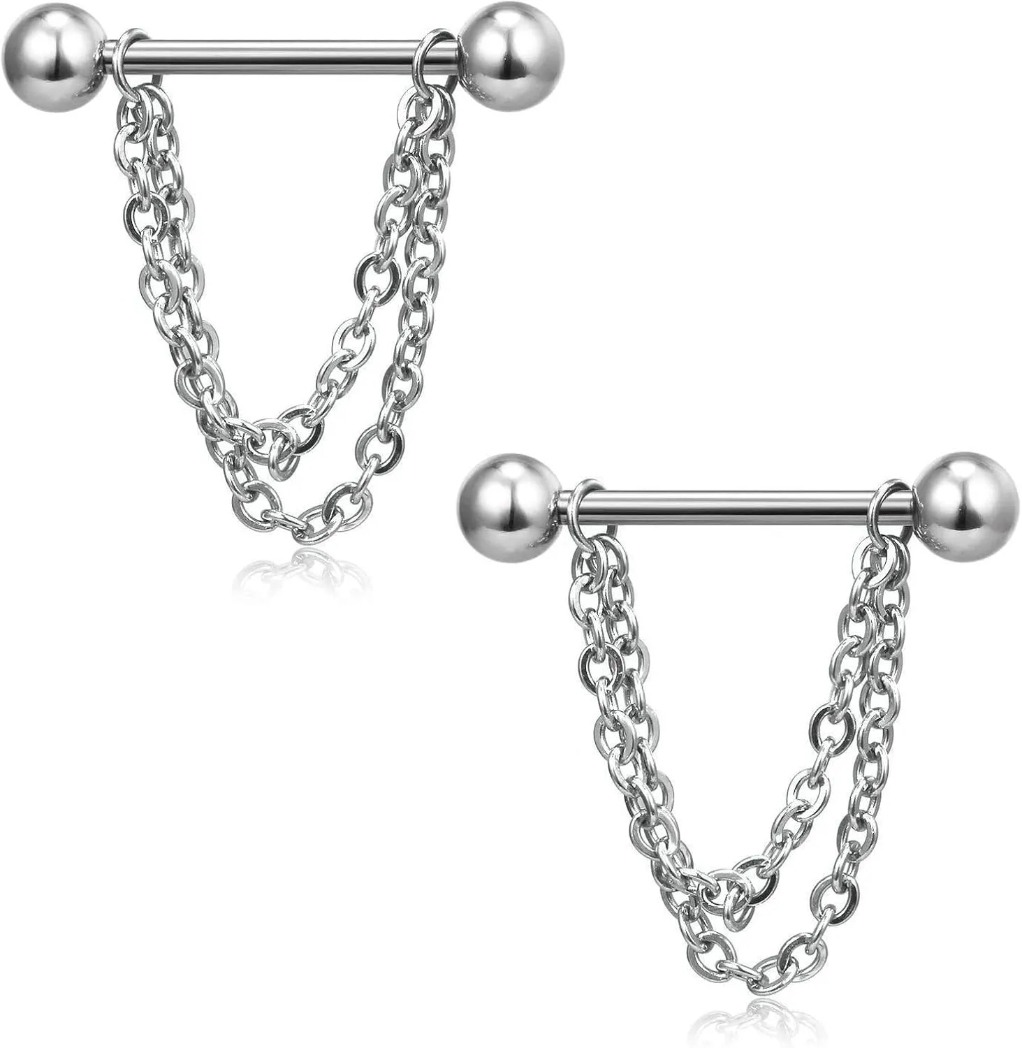 14G Stainless Steel Nipple Rings Silver Chains Cone Straight Barbell Bars Tongue Ring 16mm(5/8Inch) Body Piercing Jewelry