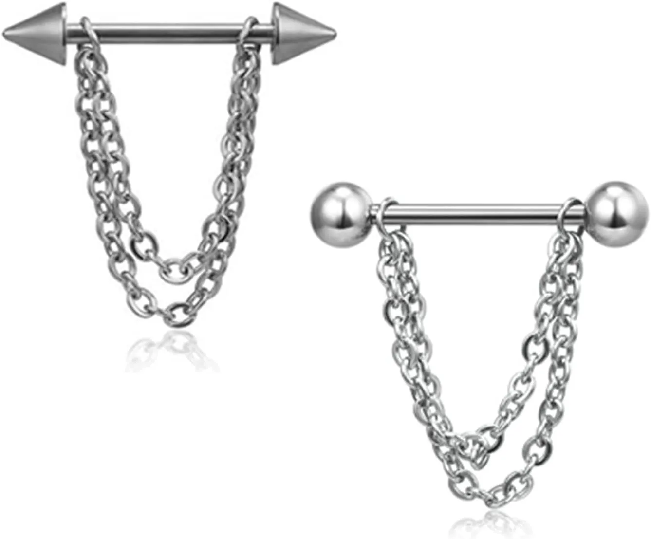 14G Stainless Steel Nipple Rings Silver Chains Cone Straight Barbell Bars Tongue Ring 16mm(5/8Inch) Body Piercing Jewelry