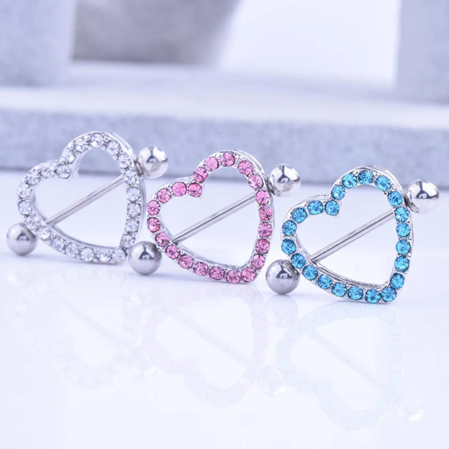 14G Stainless Steel Nipple Rings Silver CZ Heart Straight Barbell Bars Tongue Ring 16mm(5/8Inch) Body Piercing Jewelry
