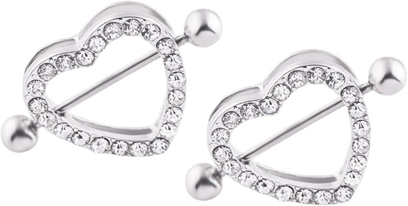 14G Stainless Steel Nipple Rings Silver CZ Heart Straight Barbell Bars Tongue Ring 16mm(5/8Inch) Body Piercing Jewelry