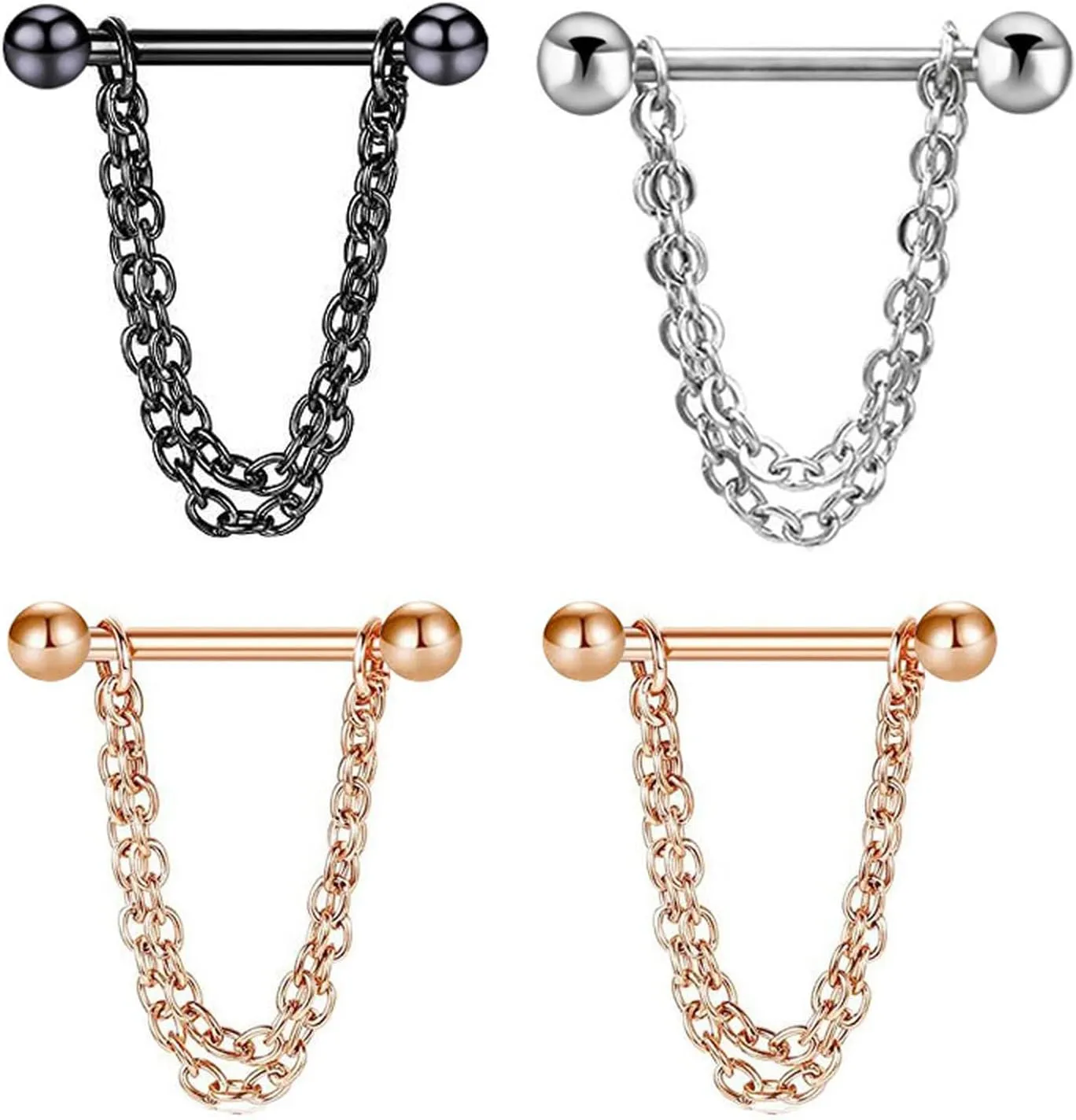 14G Stainless Steel Nipple Rings Solid Ball Chain Straight Barbell Bars Tongue Ring 16mm(5/8Inch) Body Piercing Jewelry