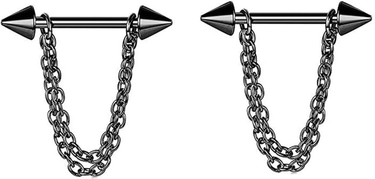 14G Stainless Steel Nipple Rings Solid Cone Chain Straight Barbell Bars Tongue Ring 16mm(5/8Inch) Body Piercing Jewelry