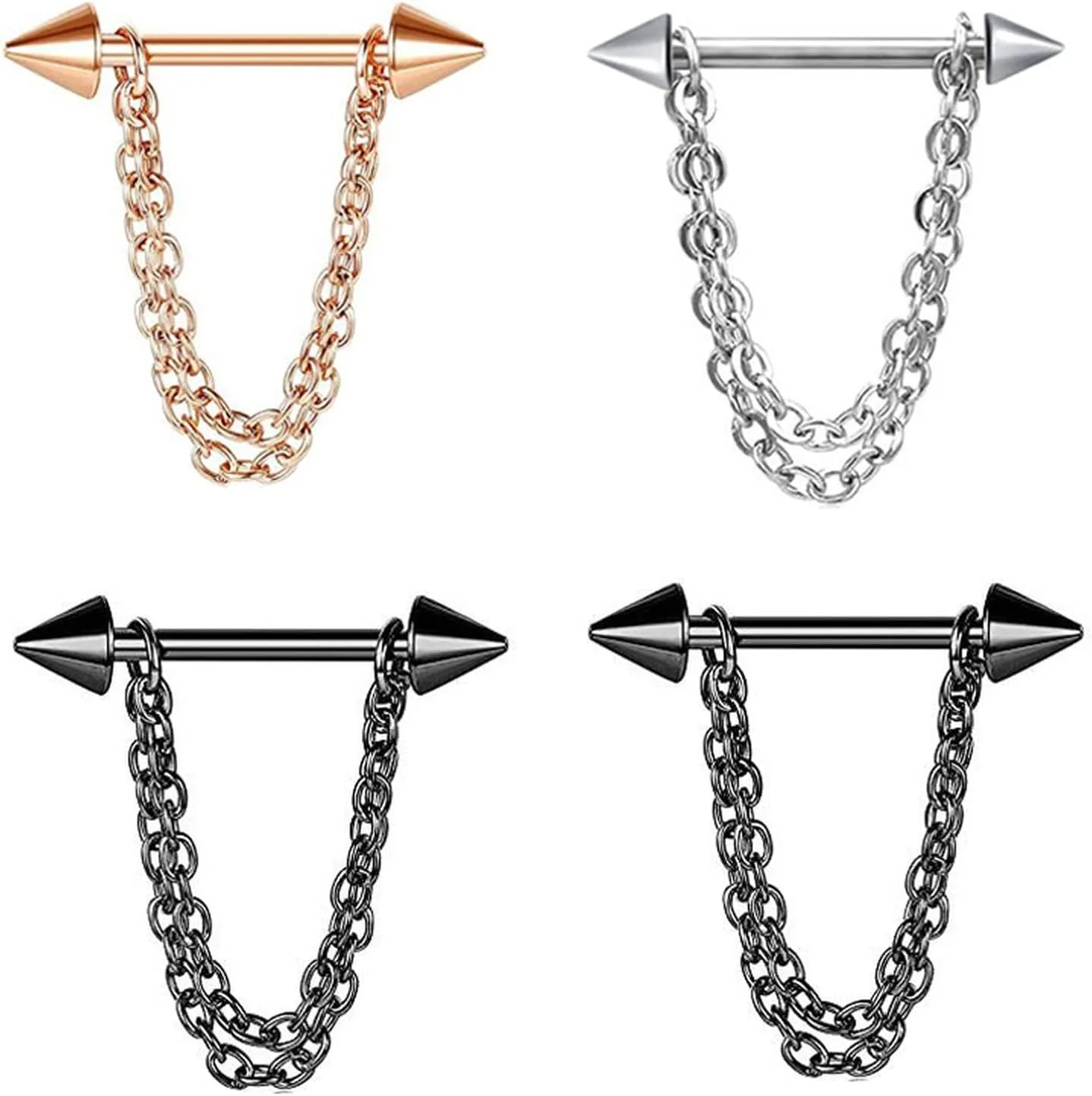 14G Stainless Steel Nipple Rings Solid Cone Chain Straight Barbell Bars Tongue Ring 16mm(5/8Inch) Body Piercing Jewelry