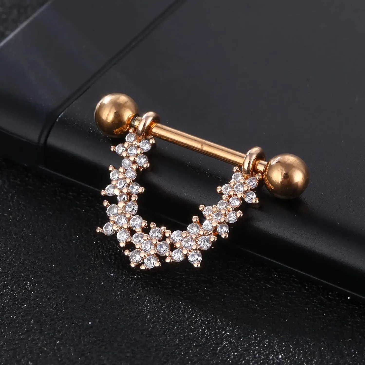 14G Stainless Steel Nipple Rings White CZ U Flower Straight Barbell Bars Tongue Ring 16mm(5/8Inch) Body Piercing Jewelry